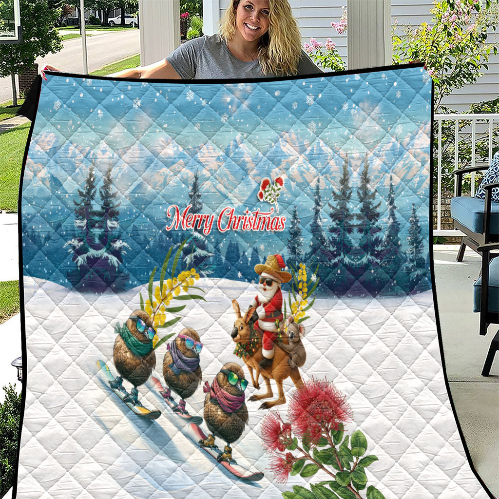 New Zealand and Australia Merry Christmas Quilt Kiwi Birds Skiing and Koala Santa Riding Kangaroo