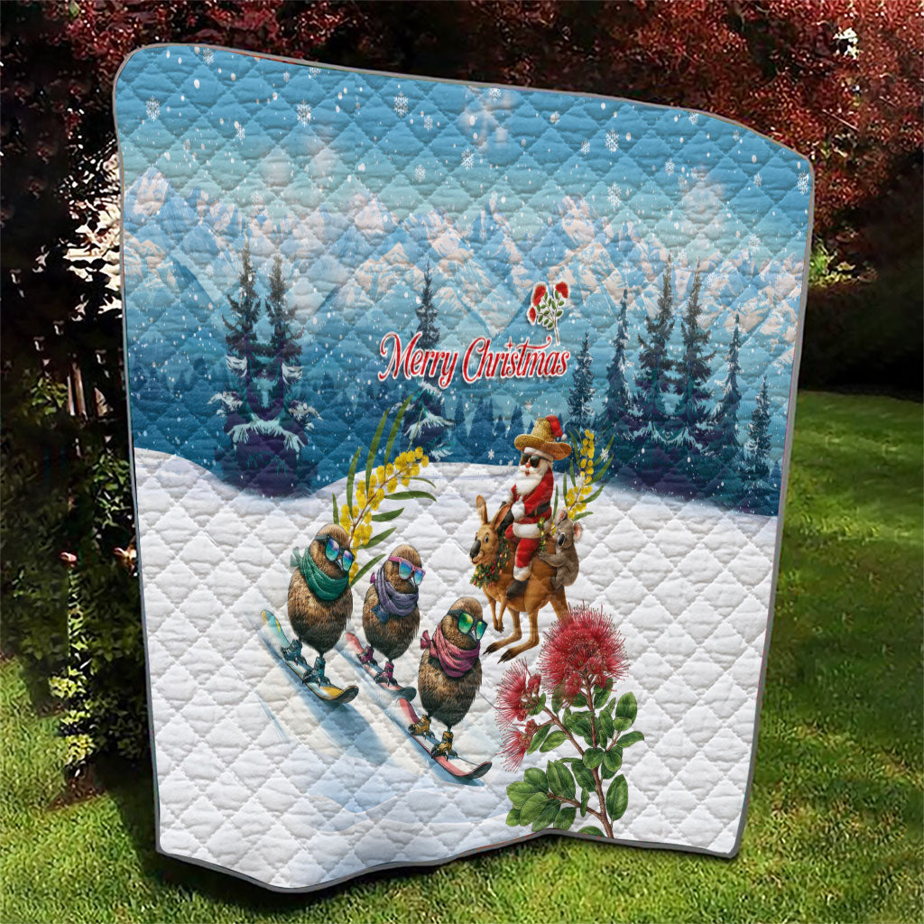 New Zealand and Australia Merry Christmas Quilt Kiwi Birds Skiing and Koala Santa Riding Kangaroo