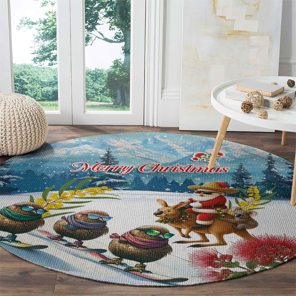 New Zealand and Australia Merry Christmas Round Carpet Kiwi Birds Skiing and Koala Santa Riding Kangaroo