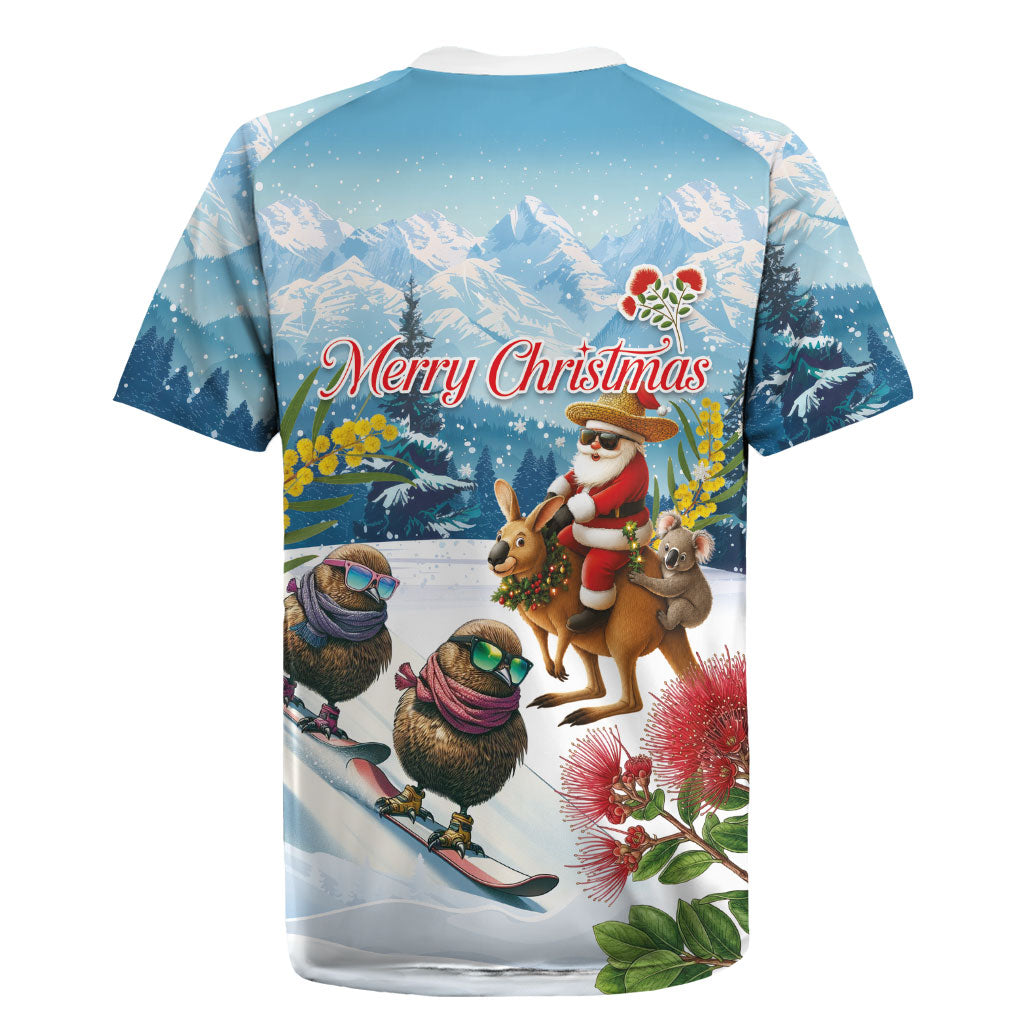 New Zealand and Australia Merry Christmas Rugby Jersey Kiwi Birds Skiing and Koala Santa Riding Kangaroo