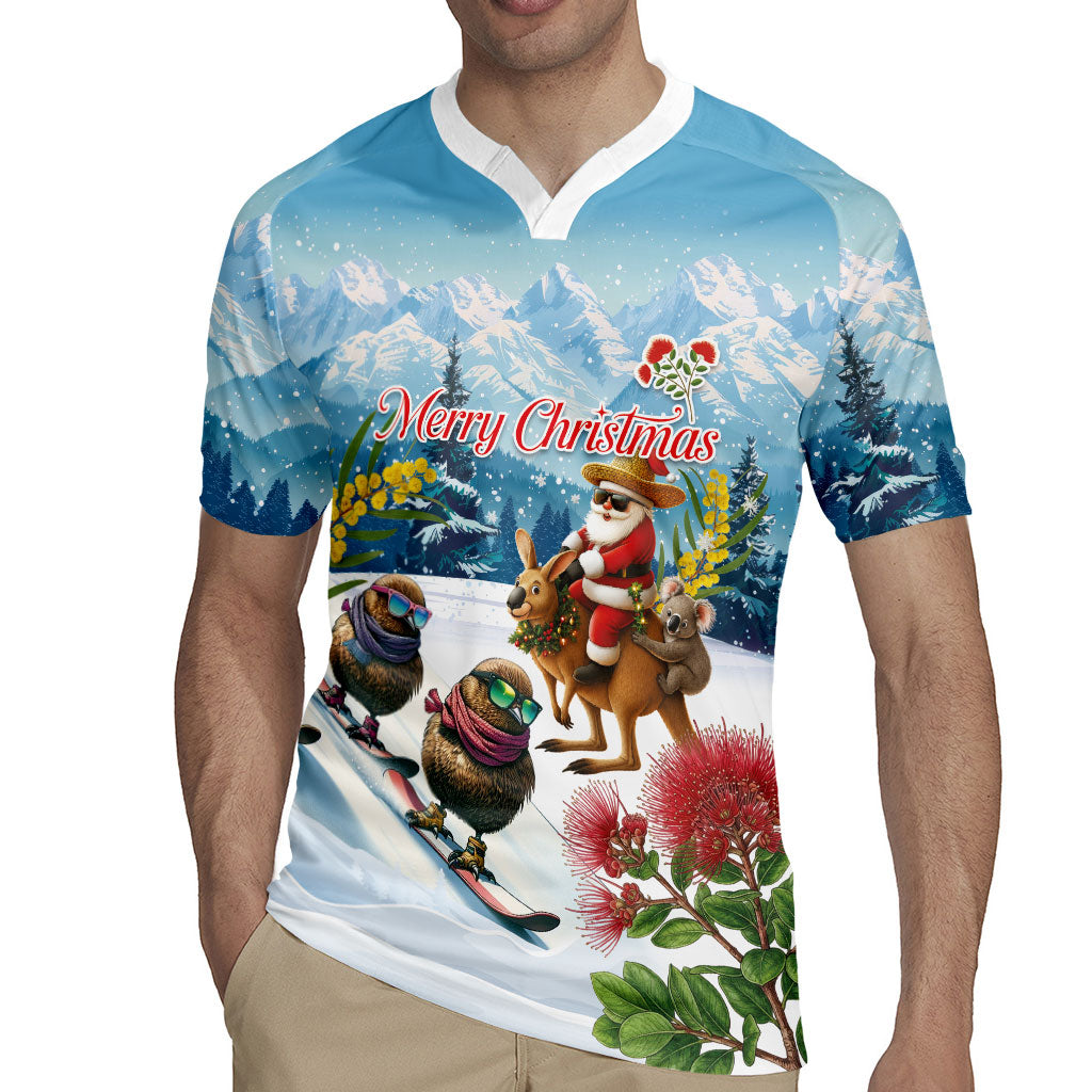 New Zealand and Australia Merry Christmas Rugby Jersey Kiwi Birds Skiing and Koala Santa Riding Kangaroo