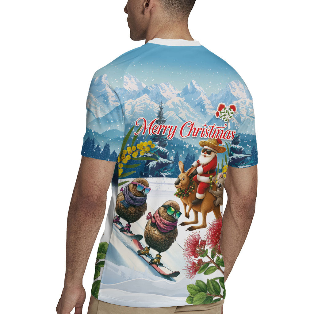 New Zealand and Australia Merry Christmas Rugby Jersey Kiwi Birds Skiing and Koala Santa Riding Kangaroo