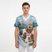 New Zealand and Australia Merry Christmas Scrub Top Kiwi Birds Skiing and Koala Santa Riding Kangaroo