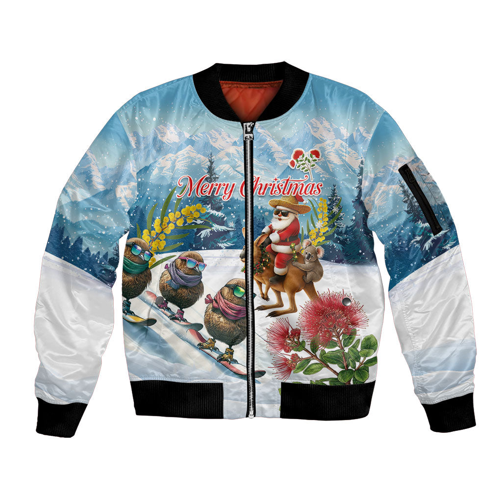 New Zealand and Australia Merry Christmas Sleeve Zip Bomber Jacket Kiwi Birds Skiing and Koala Santa Riding Kangaroo