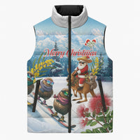 New Zealand and Australia Merry Christmas Sleeveless Puffer Jacket Kiwi Birds Skiing and Koala Santa Riding Kangaroo