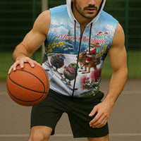 New Zealand and Australia Merry Christmas Sleeveless Zip Hoodie Kiwi Birds Skiing and Koala Santa Riding Kangaroo