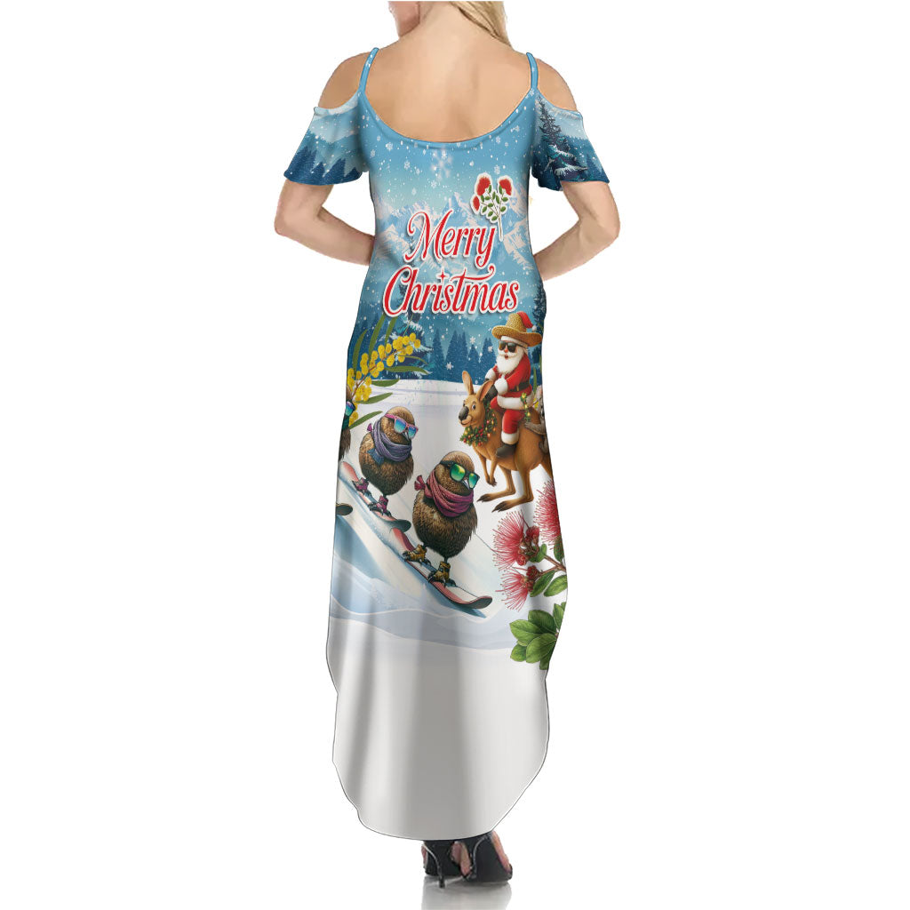 New Zealand and Australia Merry Christmas Summer Maxi Dress Kiwi Birds Skiing and Koala Santa Riding Kangaroo
