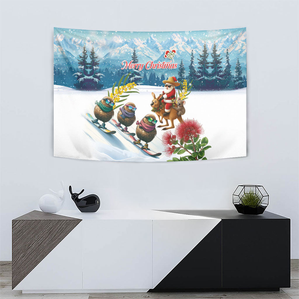 New Zealand and Australia Merry Christmas Tapestry Kiwi Birds Skiing and Koala Santa Riding Kangaroo
