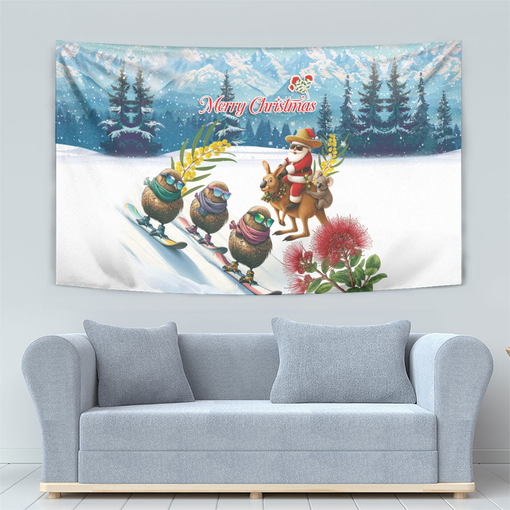 New Zealand and Australia Merry Christmas Tapestry Kiwi Birds Skiing and Koala Santa Riding Kangaroo