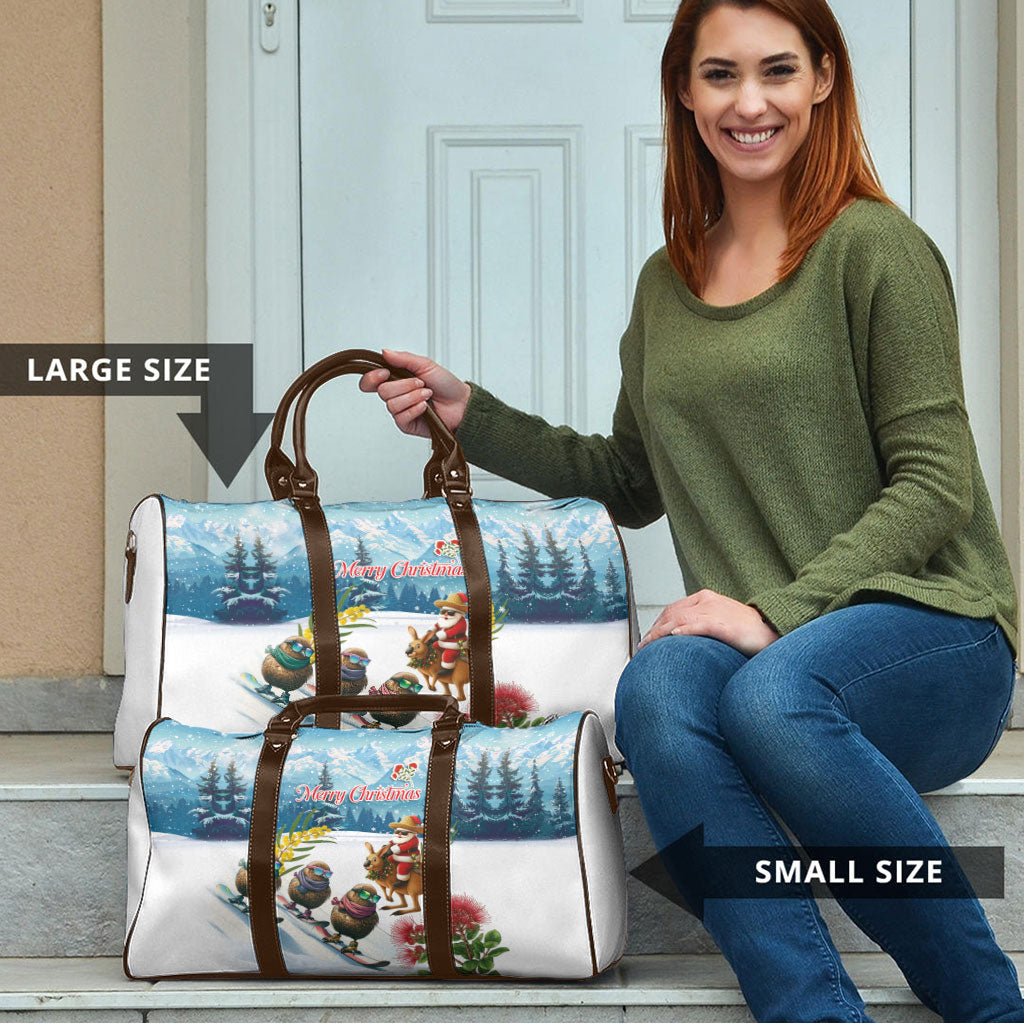 New Zealand and Australia Merry Christmas Travel Bag Kiwi Birds Skiing and Koala Santa Riding Kangaroo