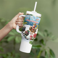 New Zealand and Australia Merry Christmas Tumbler With Handle Kiwi Birds Skiing and Koala Santa Riding Kangaroo