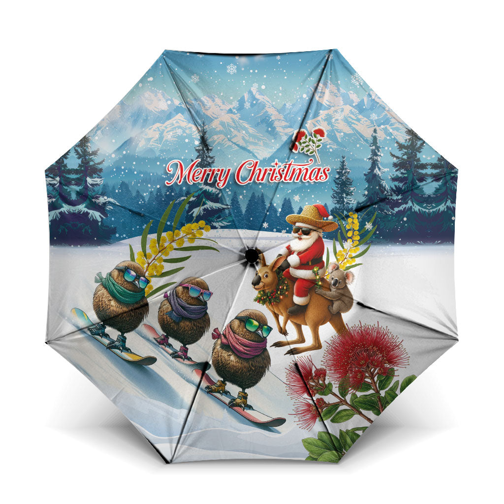New Zealand and Australia Merry Christmas Umbrella Kiwi Birds Skiing and Koala Santa Riding Kangaroo