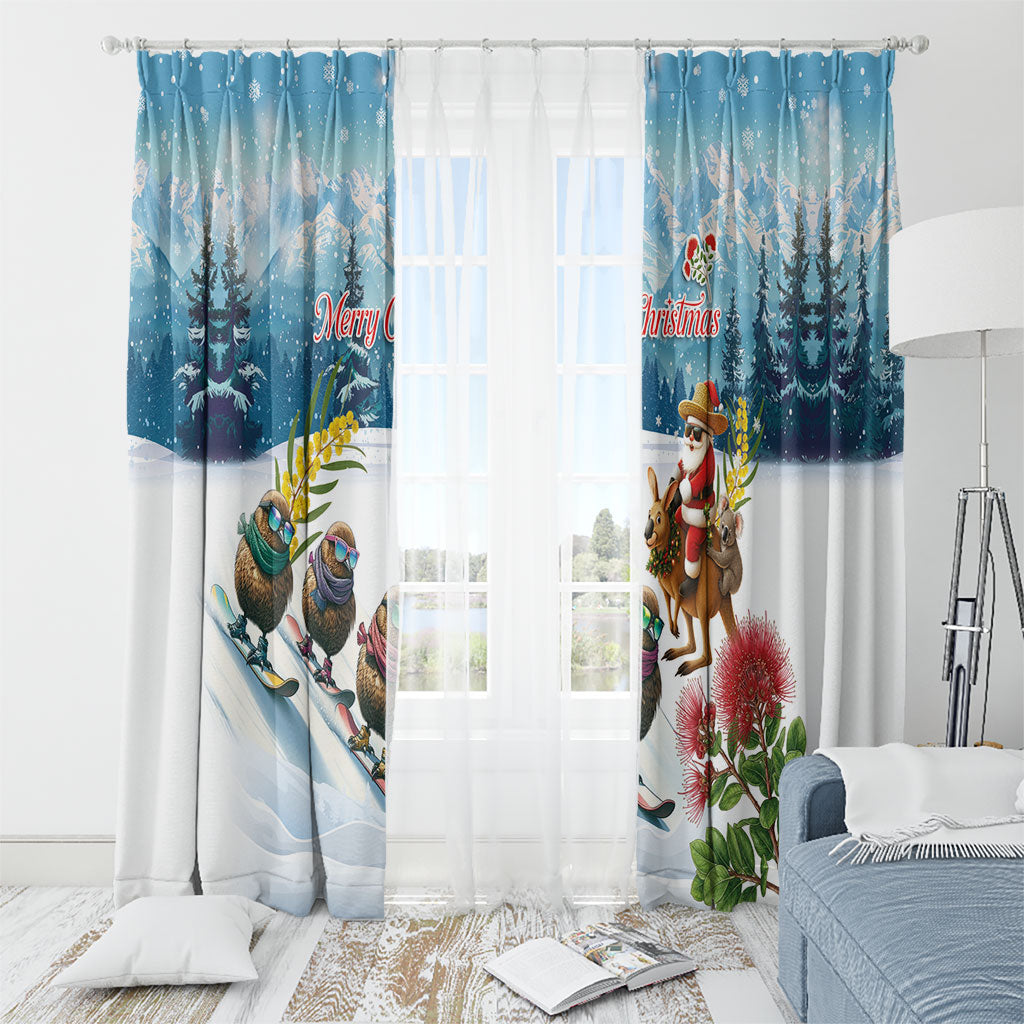 New Zealand and Australia Merry Christmas Window Curtain Kiwi Birds Skiing and Koala Santa Riding Kangaroo