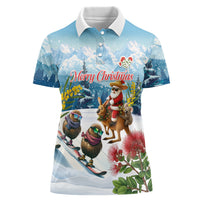 New Zealand and Australia Merry Christmas Women Polo Shirt Kiwi Birds Skiing and Koala Santa Riding Kangaroo