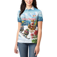 New Zealand and Australia Merry Christmas Women Polo Shirt Kiwi Birds Skiing and Koala Santa Riding Kangaroo