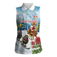 New Zealand and Australia Merry Christmas Women Sleeveless Polo Shirt Kiwi Birds Skiing and Koala Santa Riding Kangaroo