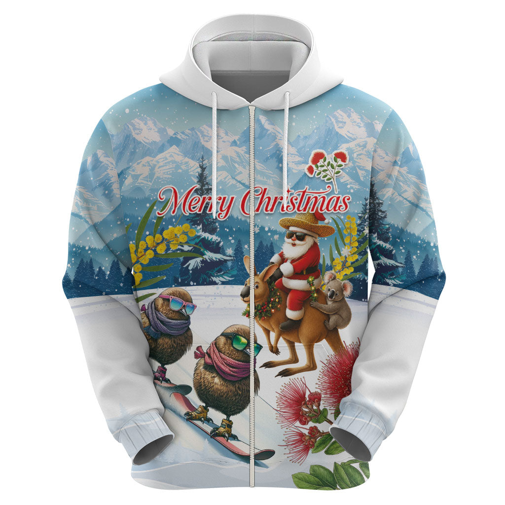New Zealand and Australia Merry Christmas Zip Hoodie Kiwi Birds Skiing and Koala Santa Riding Kangaroo