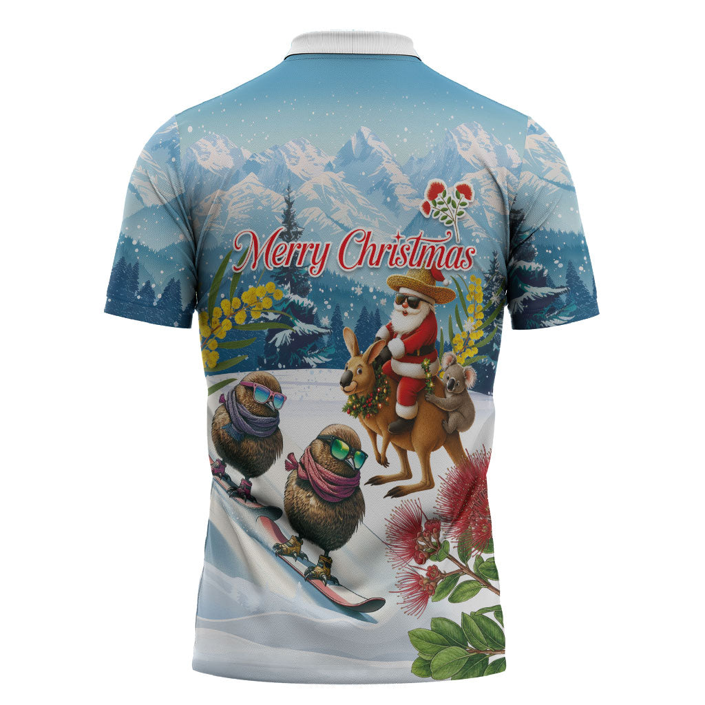New Zealand and Australia Merry Christmas Zipper Polo Shirt Kiwi Birds Skiing and Koala Santa Riding Kangaroo