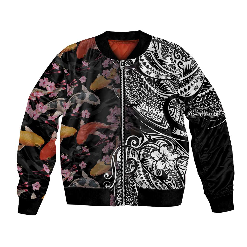 Hawaiian and Japanese Together Bomber Jacket Polynesian Triball Tattoo Koi Carps and Sakura LT03 Unisex Black - Polynesian Pride