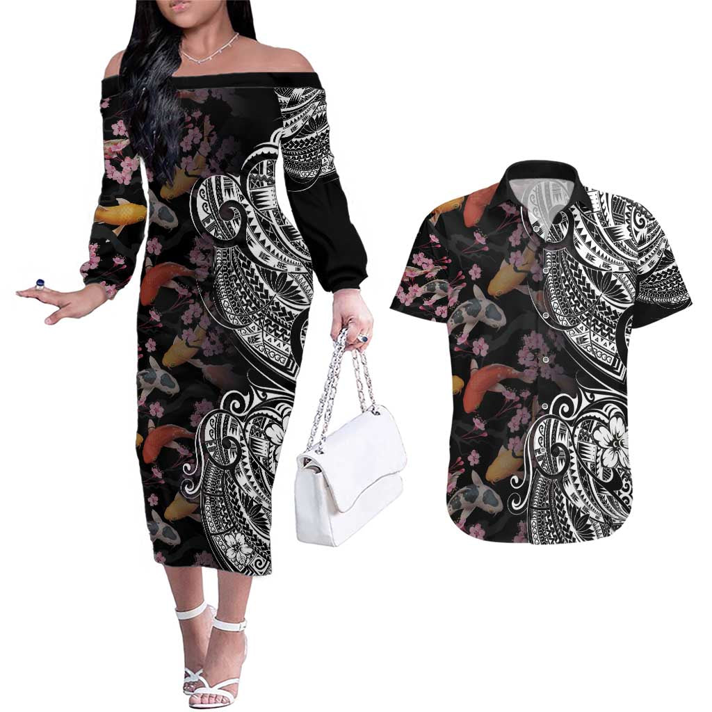 Hawaiian and Japanese Together Couples Matching Off The Shoulder Long Sleeve Dress and Hawaiian Shirt Polynesian Triball Tattoo Koi Carps and Sakura LT03 Black - Polynesian Pride