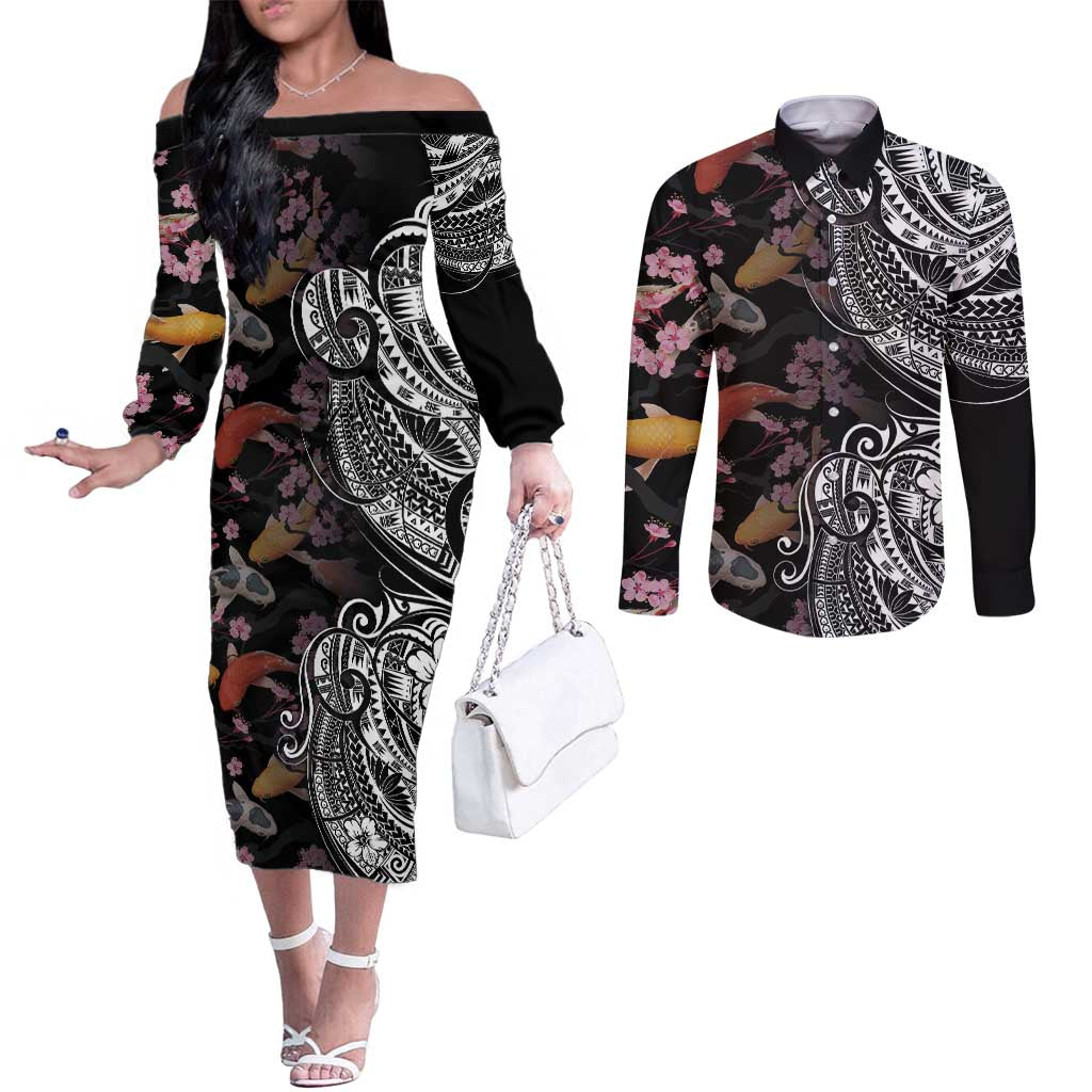 Hawaiian and Japanese Together Couples Matching Off The Shoulder Long Sleeve Dress and Long Sleeve Button Shirt Polynesian Triball Tattoo Koi Carps and Sakura LT03 Black - Polynesian Pride