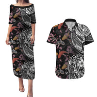 Hawaiian and Japanese Together Couples Matching Puletasi and Hawaiian Shirt Polynesian Triball Tattoo Koi Carps and Sakura