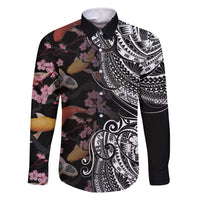 Hawaiian and Japanese Together Family Matching Mermaid Dress and Hawaiian Shirt Polynesian Triball Tattoo Koi Carps and Sakura LT03 Dad's Shirt - Long Sleeve Black - Polynesian Pride