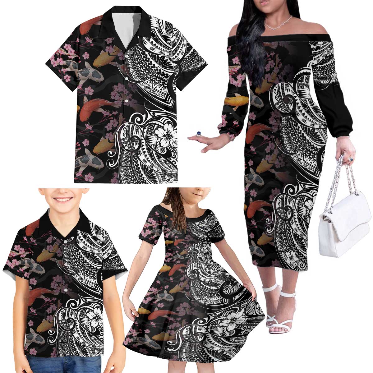 Hawaiian and Japanese Together Family Matching Off The Shoulder Long Sleeve Dress and Hawaiian Shirt Polynesian Triball Tattoo Koi Carps and Sakura LT03 - Polynesian Pride