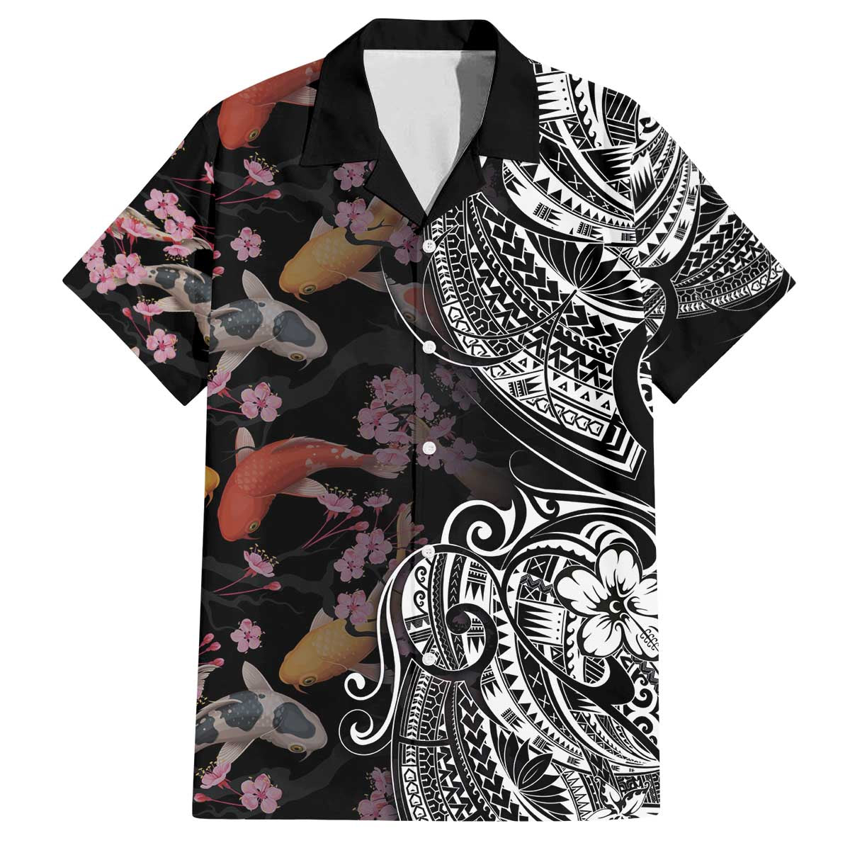 Hawaiian and Japanese Together Family Matching Off The Shoulder Long Sleeve Dress and Hawaiian Shirt Polynesian Triball Tattoo Koi Carps and Sakura LT03 Dad's Shirt - Short Sleeve Black - Polynesian Pride