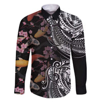 Hawaiian and Japanese Together Family Matching Off The Shoulder Long Sleeve Dress and Hawaiian Shirt Polynesian Triball Tattoo Koi Carps and Sakura LT03 Dad's Shirt - Long Sleeve Black - Polynesian Pride