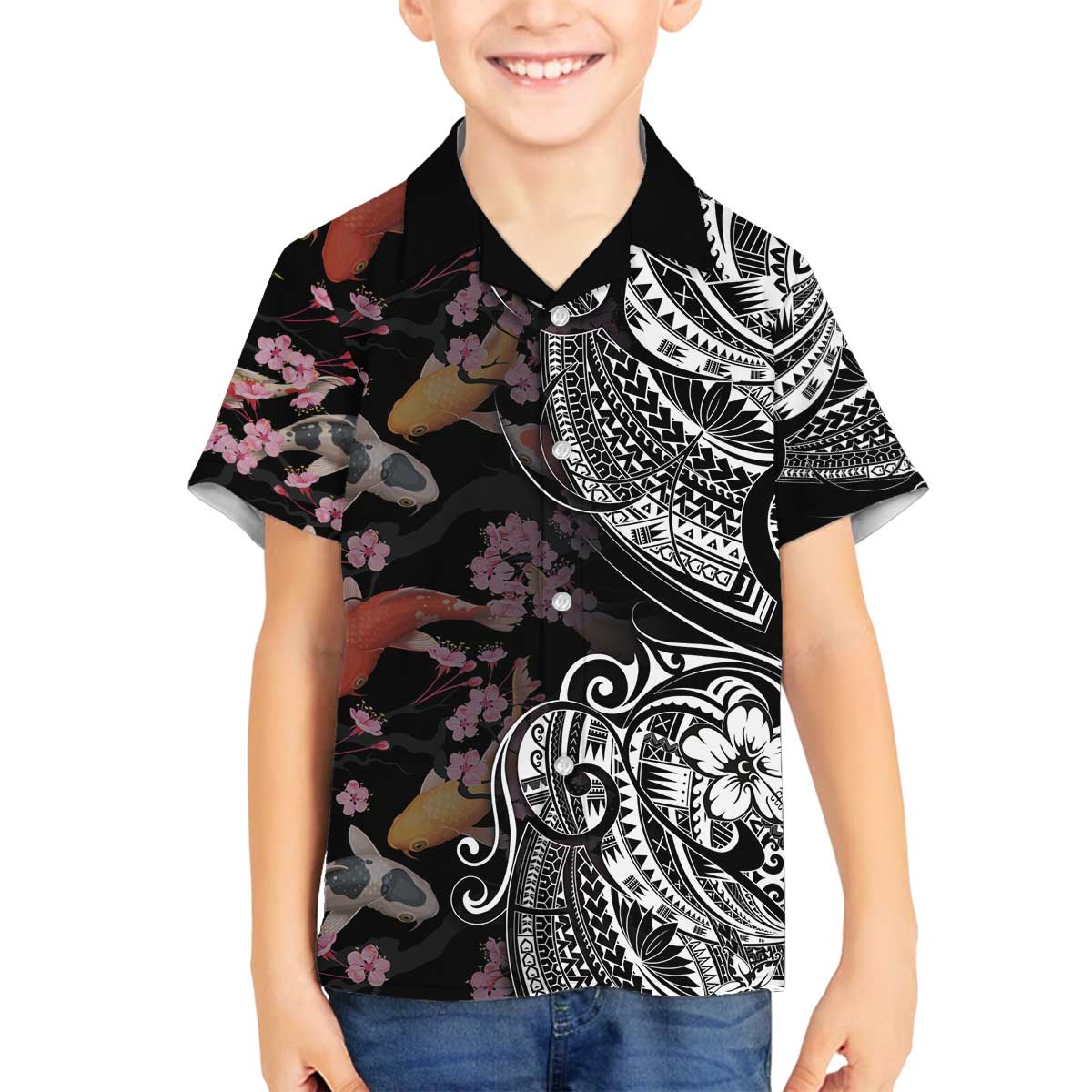 Hawaiian and Japanese Together Family Matching Off The Shoulder Long Sleeve Dress and Hawaiian Shirt Polynesian Triball Tattoo Koi Carps and Sakura LT03 Son's Shirt Black - Polynesian Pride