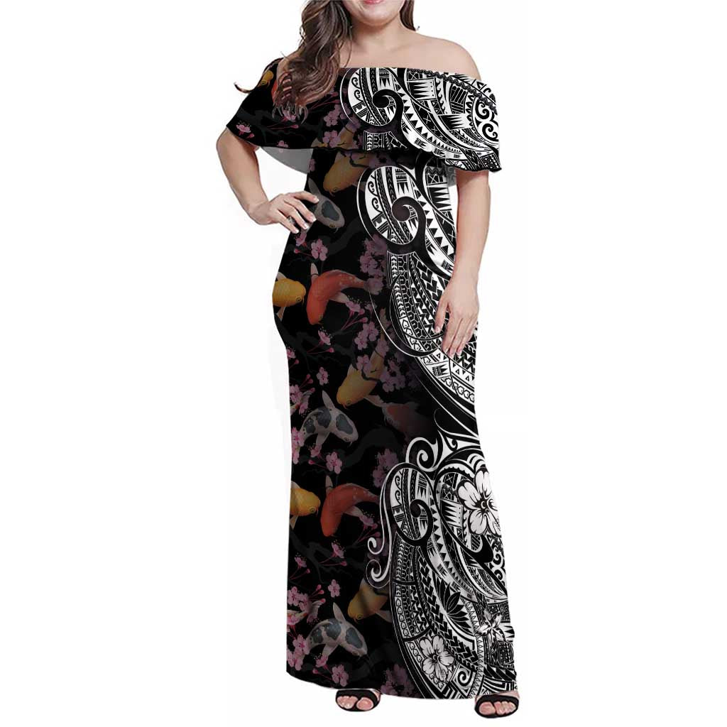 Hawaiian and Japanese Together Family Matching Off Shoulder Maxi Dress and Hawaiian Shirt Polynesian Triball Tattoo Koi Carps and Sakura