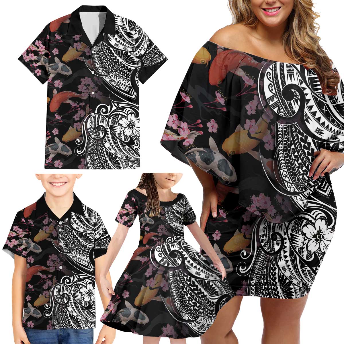 Hawaiian and Japanese Together Family Matching Off Shoulder Short Dress and Hawaiian Shirt Polynesian Triball Tattoo Koi Carps and Sakura LT03 - Polynesian Pride
