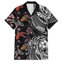 Hawaiian and Japanese Together Family Matching Off Shoulder Short Dress and Hawaiian Shirt Polynesian Triball Tattoo Koi Carps and Sakura LT03 Dad's Shirt - Short Sleeve Black - Polynesian Pride
