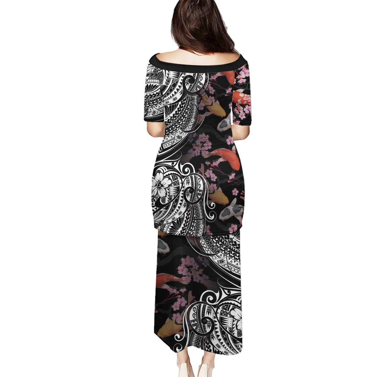 Hawaiian and Japanese Together Family Matching Puletasi and Hawaiian Shirt Polynesian Triball Tattoo Koi Carps and Sakura