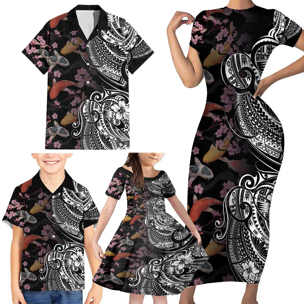 Hawaiian and Japanese Together Family Matching Short Sleeve Bodycon Dress and Hawaiian Shirt Polynesian Triball Tattoo Koi Carps and Sakura LT03 - Polynesian Pride
