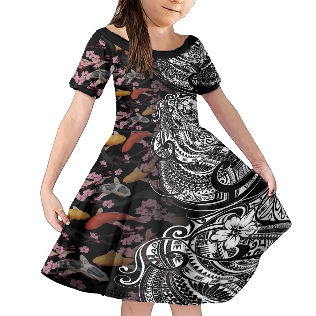 Hawaiian and Japanese Together Family Matching Summer Maxi Dress and Hawaiian Shirt Polynesian Triball Tattoo Koi Carps and Sakura LT03 Daughter's Dress Black - Polynesian Pride