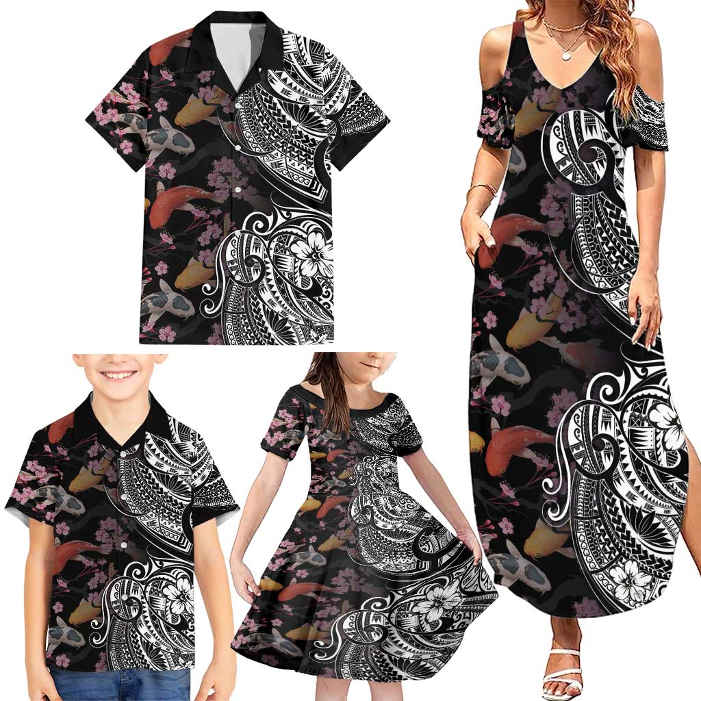 Hawaiian and Japanese Together Family Matching Summer Maxi Dress and Hawaiian Shirt Polynesian Triball Tattoo Koi Carps and Sakura LT03 - Polynesian Pride