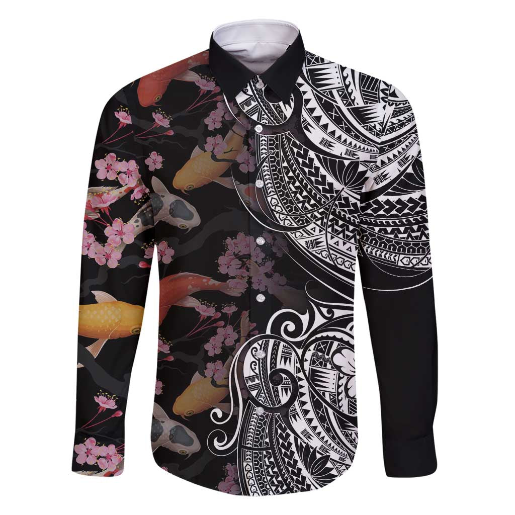 Hawaiian and Japanese Together Family Matching Summer Maxi Dress and Hawaiian Shirt Polynesian Triball Tattoo Koi Carps and Sakura LT03 Dad's Shirt - Long Sleeve Black - Polynesian Pride
