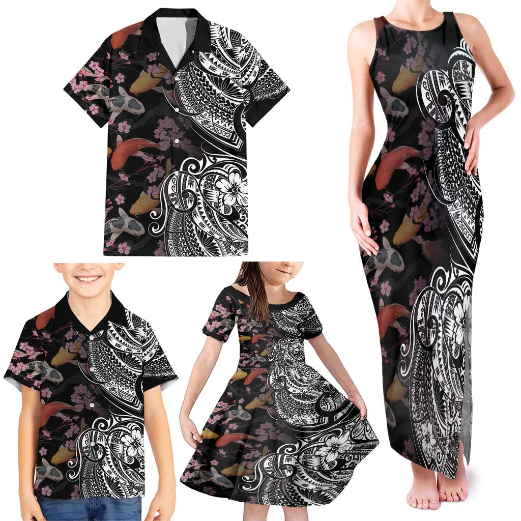 Hawaiian and Japanese Together Family Matching Tank Maxi Dress and Hawaiian Shirt Polynesian Triball Tattoo Koi Carps and Sakura LT03 - Polynesian Pride