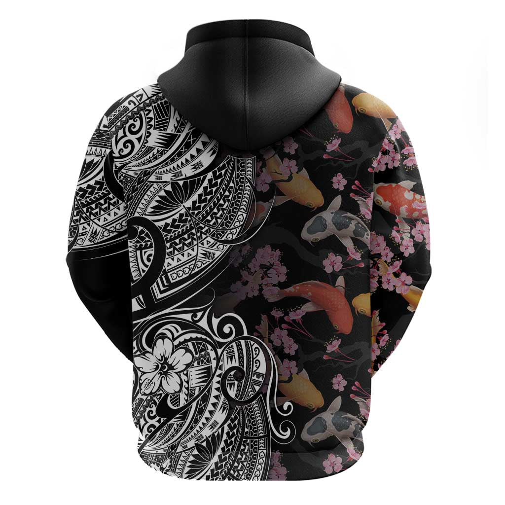 Hawaiian and Japanese Together Hoodie Polynesian Triball Tattoo Koi Carps and Sakura