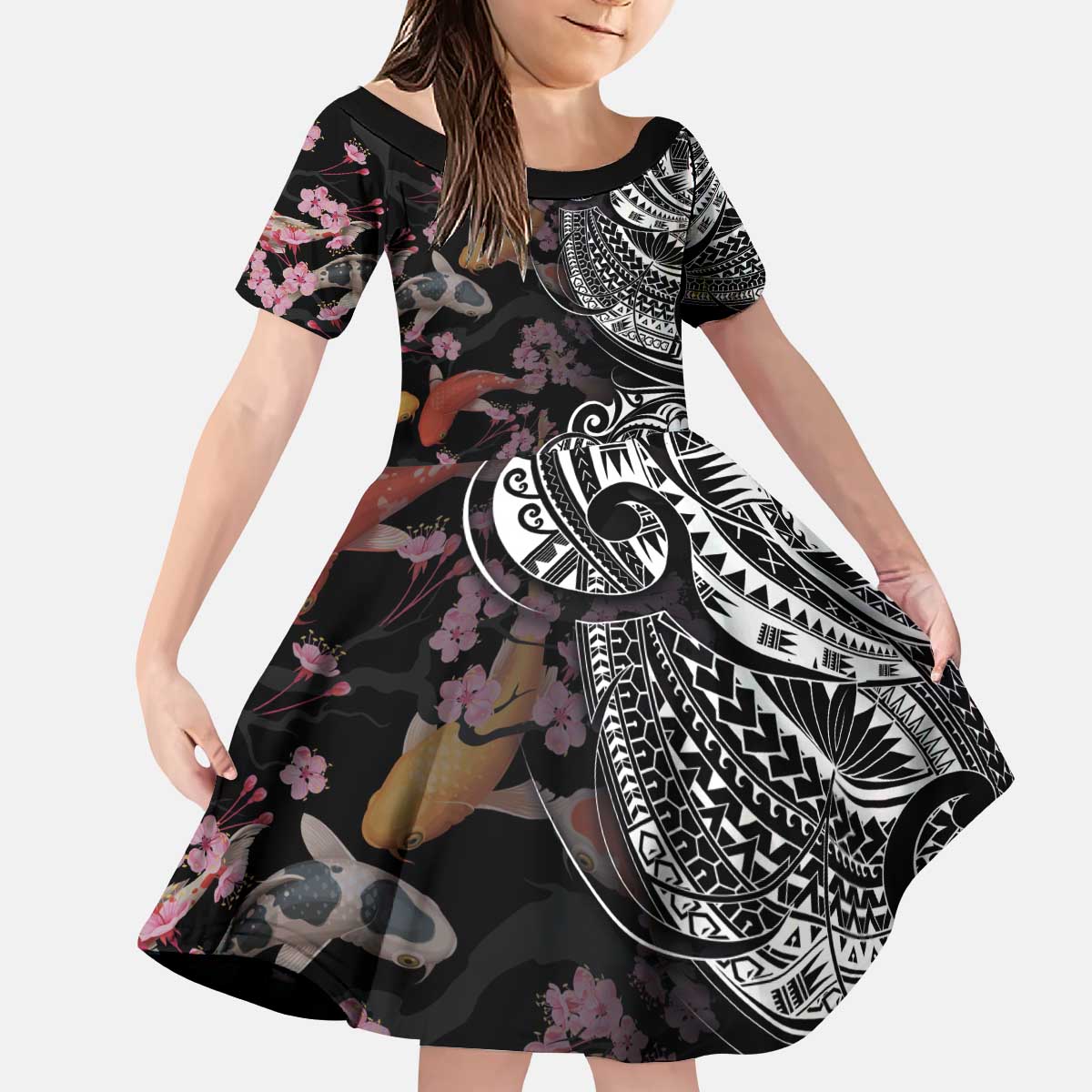Hawaiian and Japanese Together Kid Short Sleeve Dress Polynesian Triball Tattoo Koi Carps and Sakura