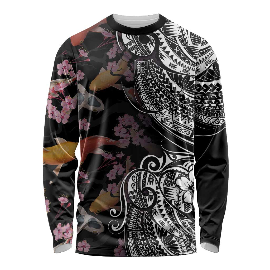 Hawaiian and Japanese Together Long Sleeve Shirt Polynesian Triball Tattoo Koi Carps and Sakura LT03 Unisex Black - Polynesian Pride