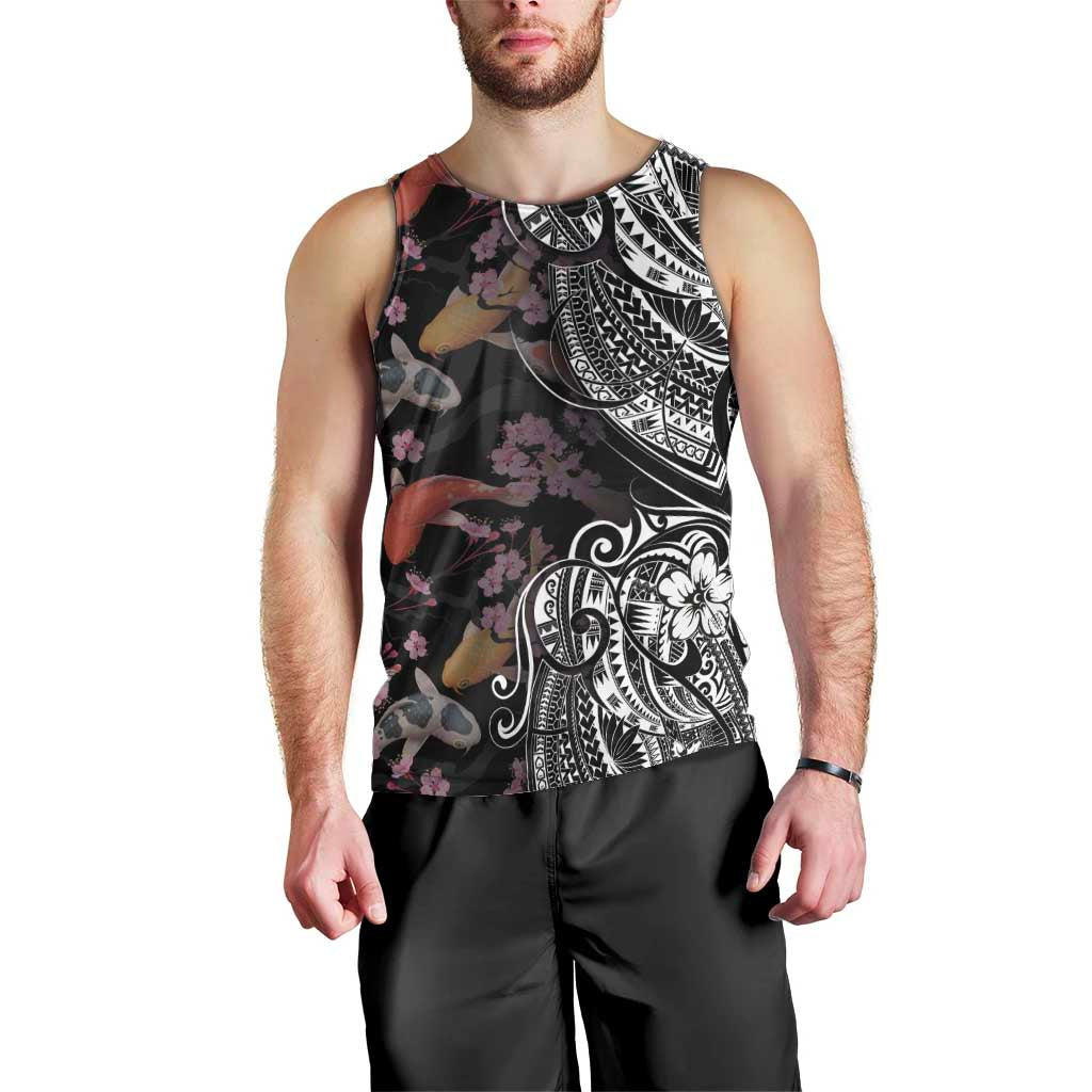 Hawaiian and Japanese Together Men Tank Top Polynesian Triball Tattoo Koi Carps and Sakura