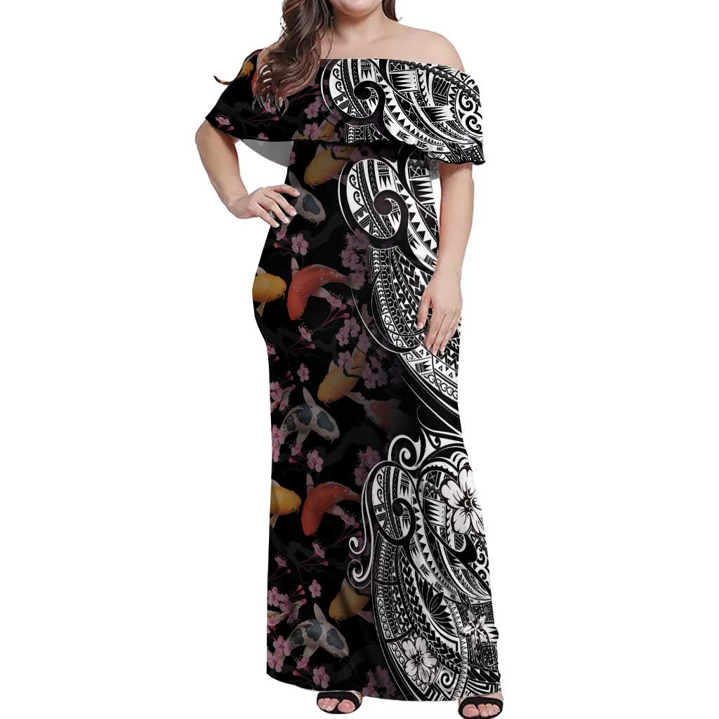 Hawaiian and Japanese Together Off Shoulder Maxi Dress Polynesian Triball Tattoo Koi Carps and Sakura