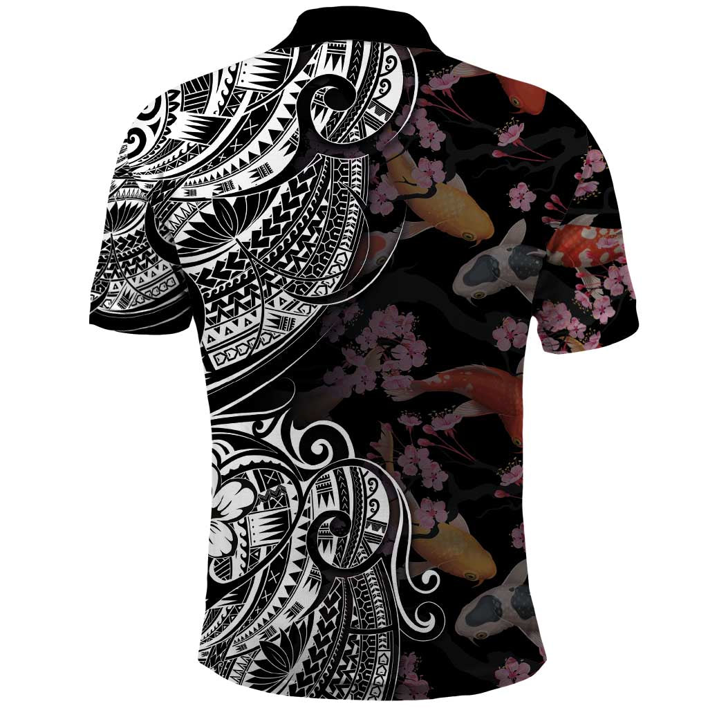 Hawaiian and Japanese Together Polo Shirt Polynesian Triball Tattoo Koi Carps and Sakura