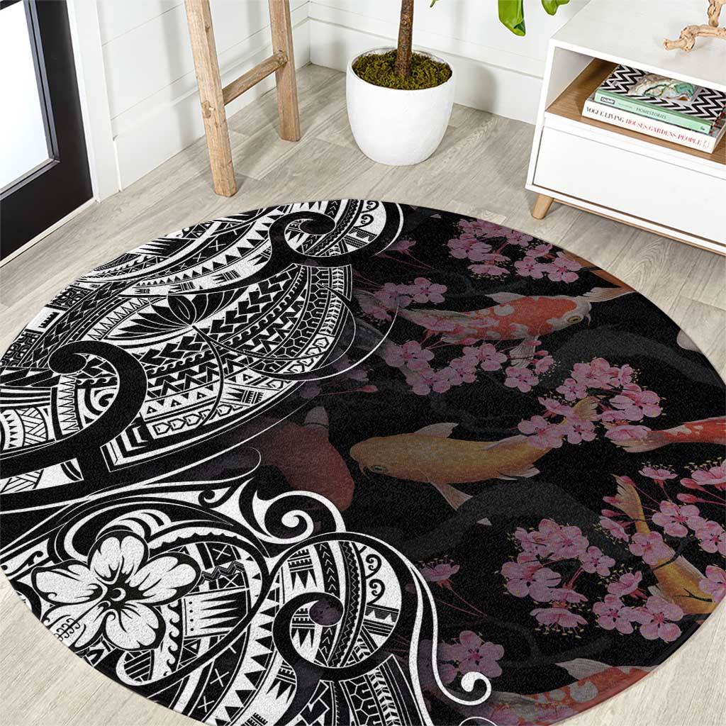 Hawaiian and Japanese Together Round Carpet Polynesian Triball Tattoo Koi Carps and Sakura LT03 Black - Polynesian Pride
