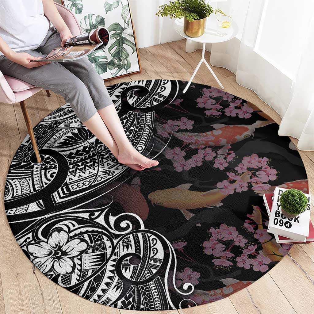 Hawaiian and Japanese Together Round Carpet Polynesian Triball Tattoo Koi Carps and Sakura LT03 - Polynesian Pride