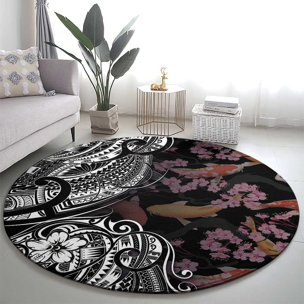 Hawaiian and Japanese Together Round Carpet Polynesian Triball Tattoo Koi Carps and Sakura LT03 - Polynesian Pride