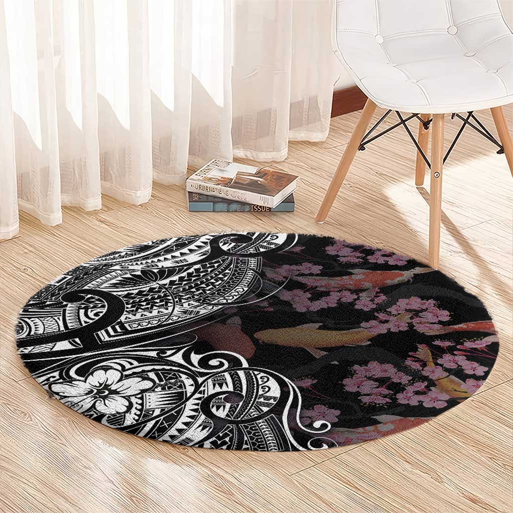 Hawaiian and Japanese Together Round Carpet Polynesian Triball Tattoo Koi Carps and Sakura LT03 - Polynesian Pride